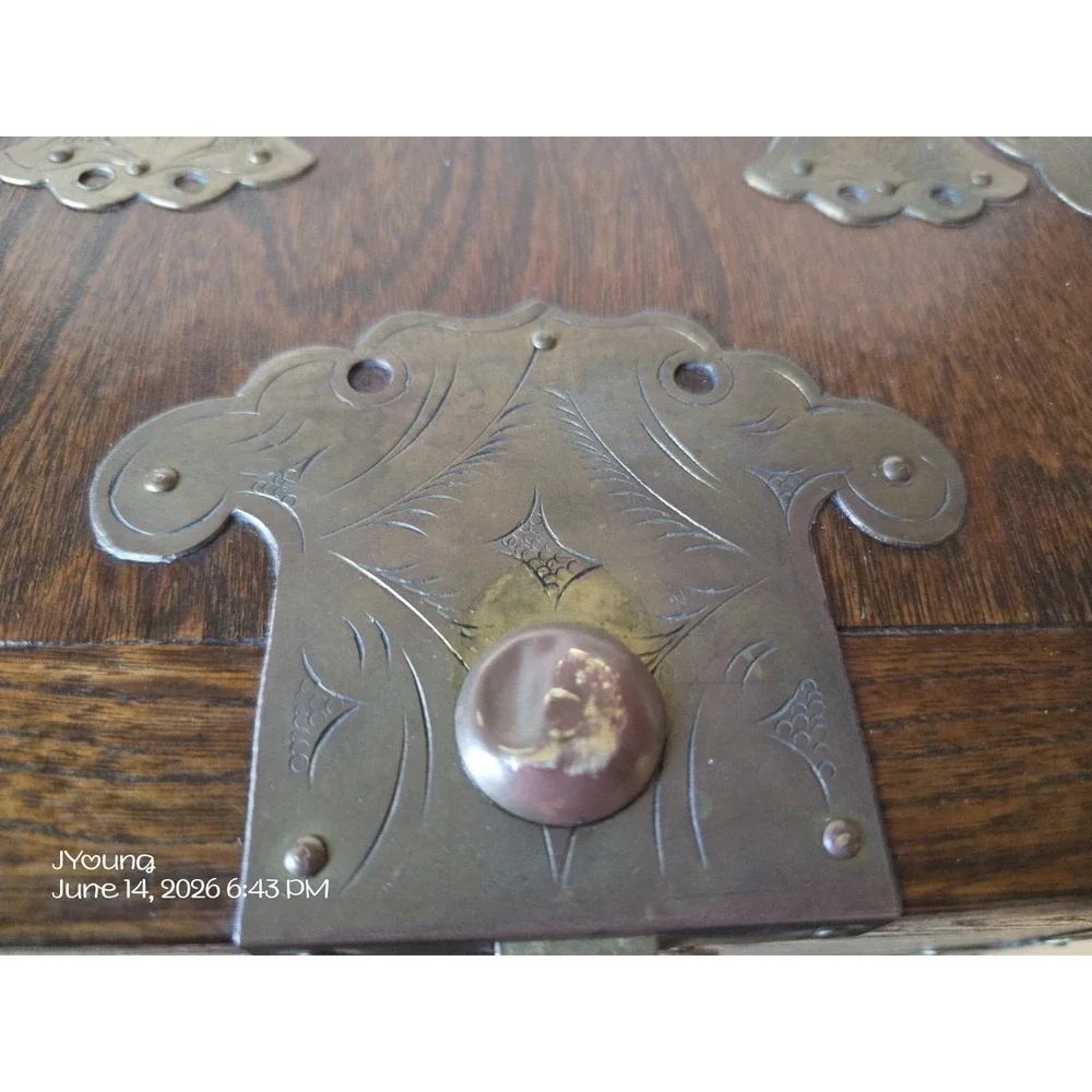 Vintage Antique Travel Jewelry Box Inlaid Mirror Floral Etched Brass Wood *READ*